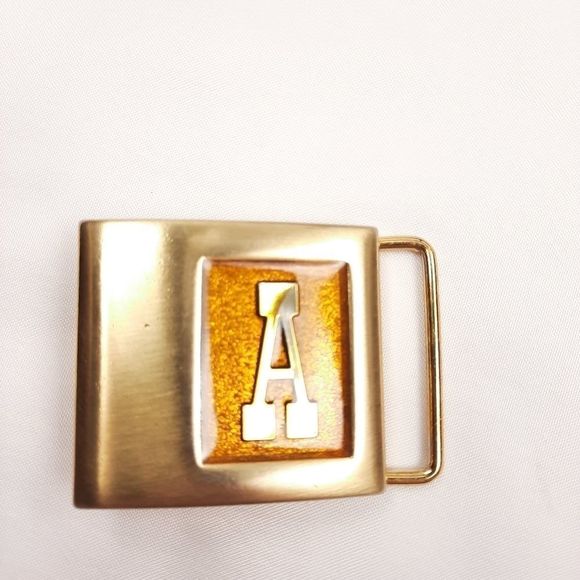 Rectangle vintage monogram letter A brass belt buckle  plaque prong  Lee NY USA - Picture 1 of 13